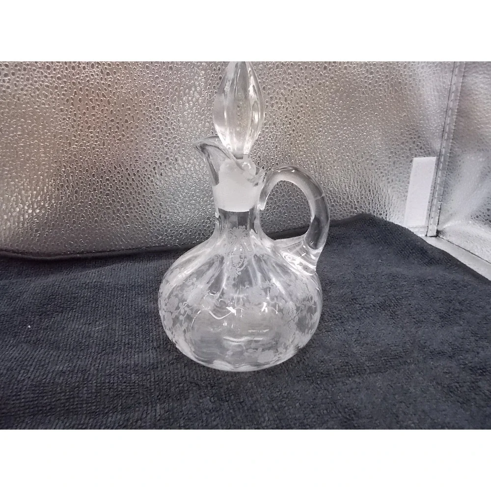 Vintage Etched Glass Cruet with Stopper Floral Vine Pattern Clear Ribbed Bottle